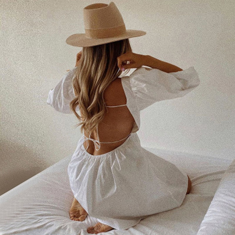 Robe d'été pour femmes, blanche, élégante, manches bouffantes, dos nu, fête, plage, Mini, décontractée, vacances