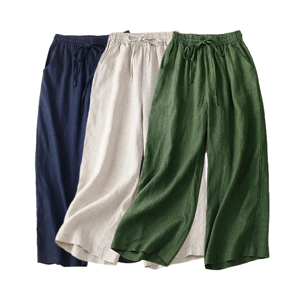 Pantalon en lin de coton pour femme, pantalon à jambes larges, pantalon à longueur de rinçage, vêtements élastiques, monochromatique, mode décontractée