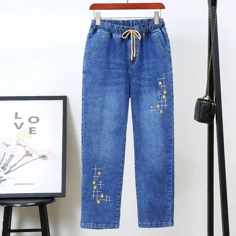 Jean femme d'âge moyen printemps automne taille extensible pantalon en Denim droit grande taille ample taille haute décontractée noir bleu pantalon