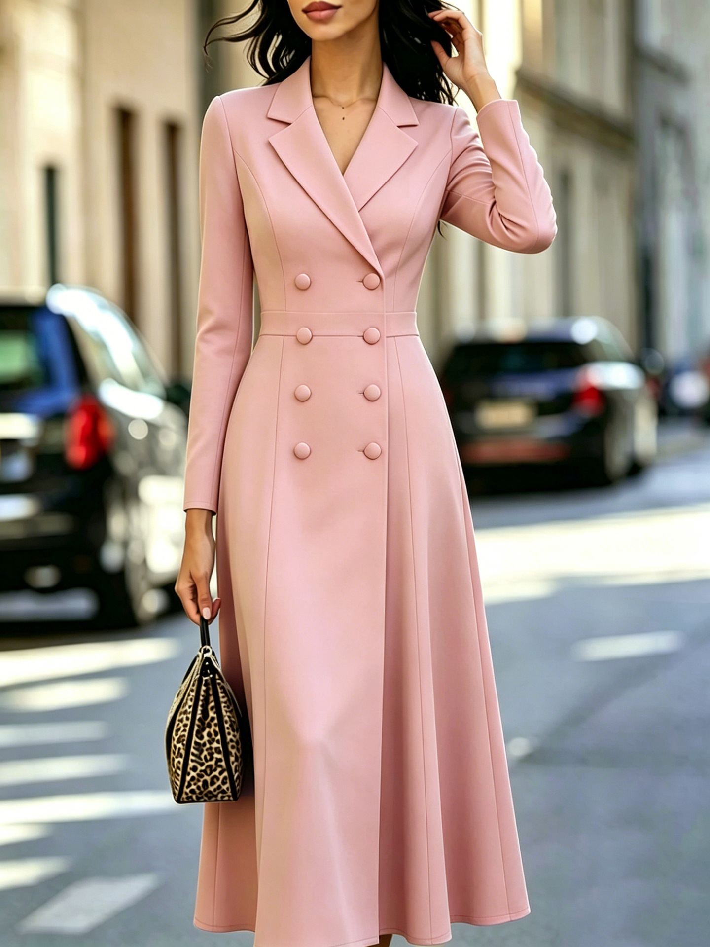 Robe longue élégante et tendance, couleur unie, décontractée, ajustée, style automne-hiver, manches longues, double boutonnage, à taille cintrée.