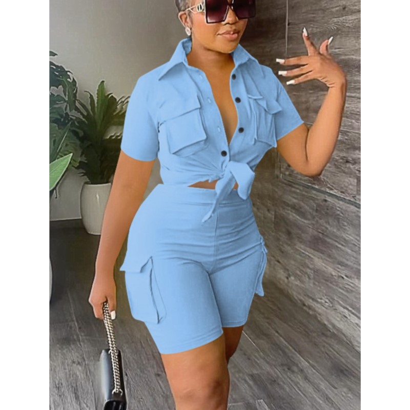Ensemble deux pièces pour femmes, tenue d'été, mode, couleur unie, col rabattu, chemises à manches courtes, haut et poches décontractées, ensembles Streetwear