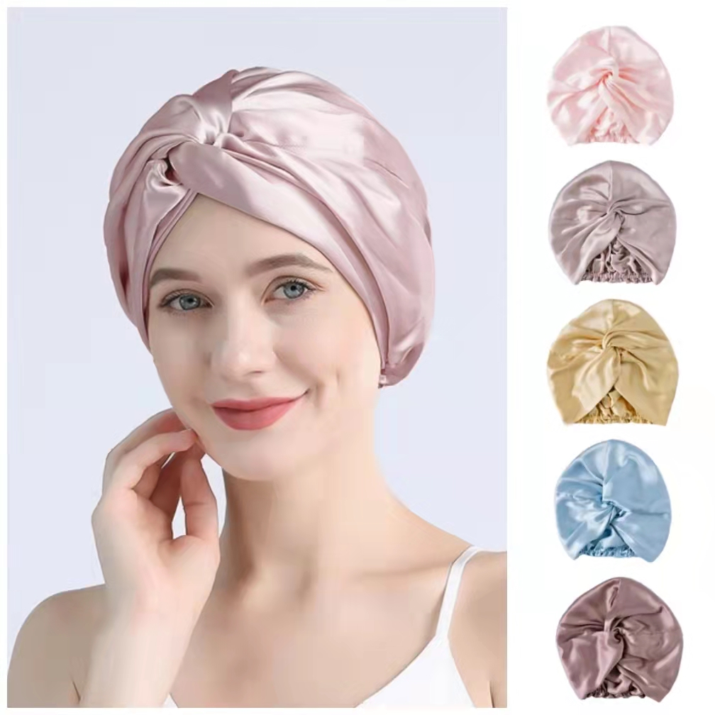 Bonnets Turban en soie de mûrier pour femmes, bonnet de nuit torsadé 19 Momme, bonnet enveloppant de cheveux en soie Pure pour dames bouclées, couvre-chef 100