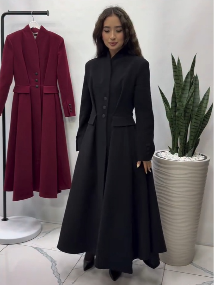 Manteau long ajusté à la taille en mélange de fausse laine pour femme, manches longues, boutonnage simple, ourlet évasé, manteaux d'hiver 2026, manteaux vintage