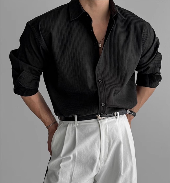 Chemises pour hommes 2026 printemps automne Premium texturé bureau affaires chemise couleur unie ample à manches longues décontracté Niche robe chemise