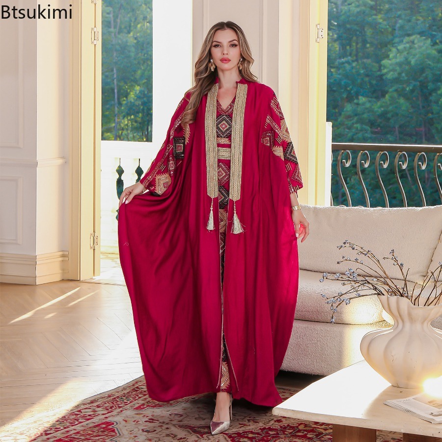 Ensembles 2 Pièces Musulmans pour Femme, Robes de Soirée Brodées, Ensembles Abaya Ouverte, Jalabiya, Kaftan de Dubaï, Robe de Fête, Cardigan pour l'Aïd et le Ramadan