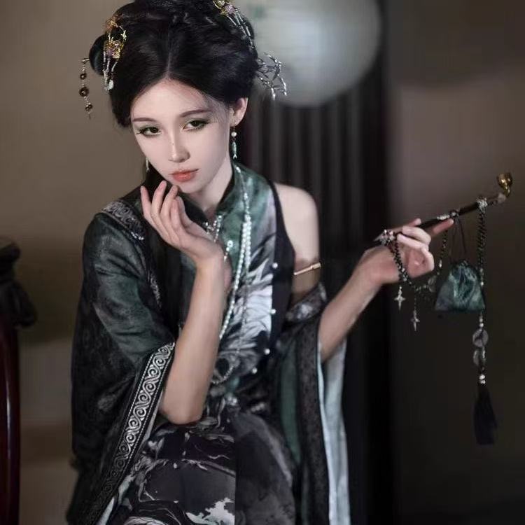 Hanfu – Costume Original de Style chinois pour femmes, éléments Han imprimés, pantalons de chanson, costumes de Cosplay d'halloween, vert noirâtre, COS, nouvelle collection
