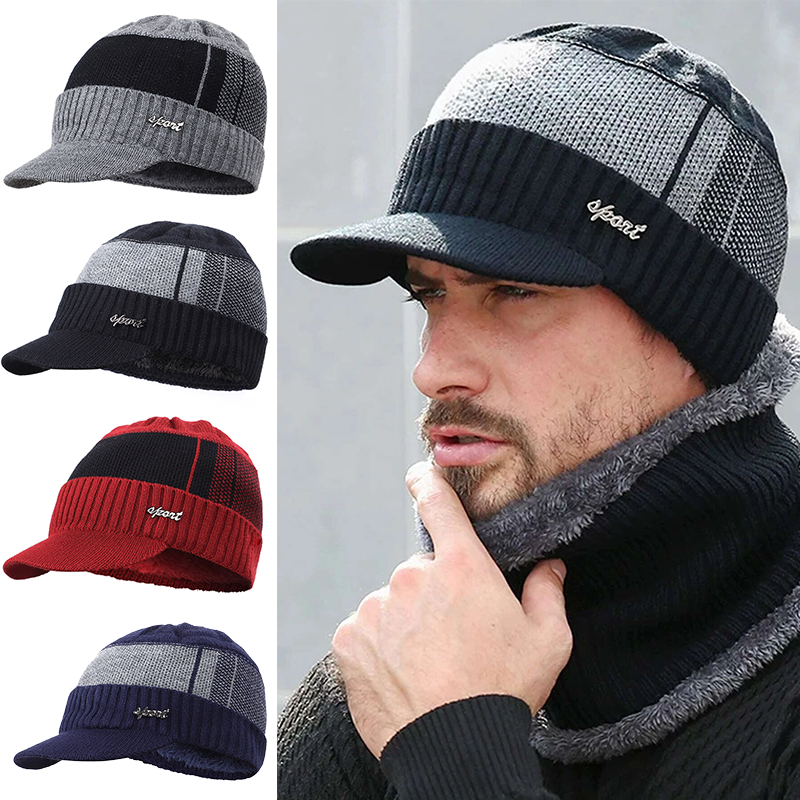Nouvelle casquette d'hiver en coton avec visière, bonnet tricoté épais, casquette d'hiver pour homme, bonnets d'extérieur, bonnet tricoté avec motif graphique pour homme