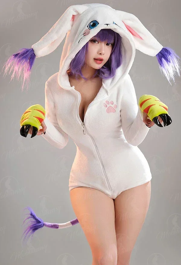 Mobbunny PM dérivé moelleux moulante barboteuse pyjama violet fourrure à manches longues à capuche body combinaison avec ceinture de queue et chaussettes