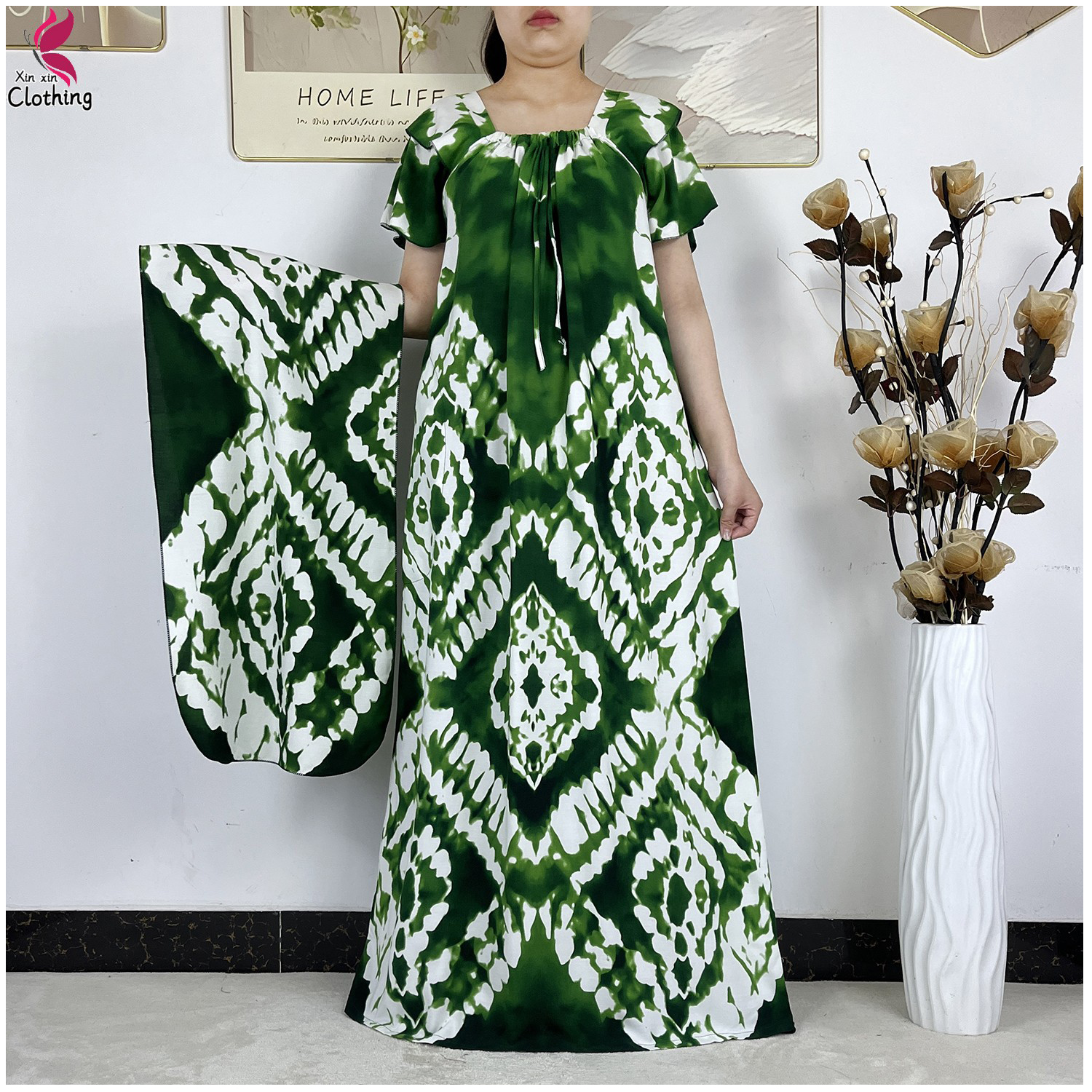 Nouvelle Robe Musulmane Élégante Tie-dye Col Bateau Manches Courtes Coton Femme Abaya Bohème Maxi Robe Décontractée Vêtement Africain Abaya