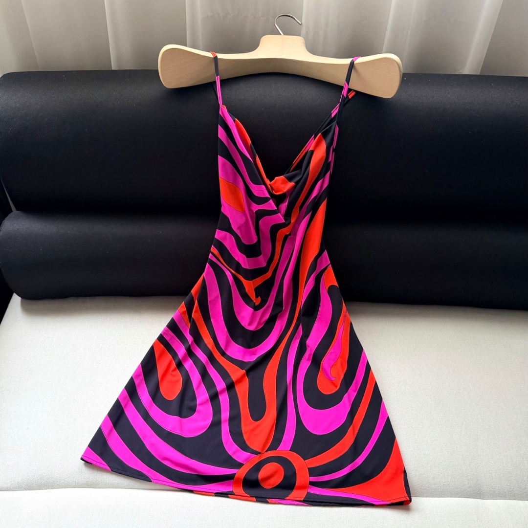 Robe femme 2026 de haute qualité 100% soie rose et orange à motif vague abstraite et dos ouvert TC