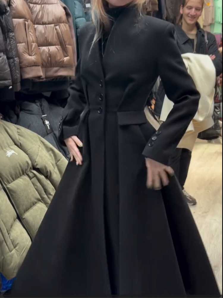 Manteau long ajusté à la taille en mélange de fausse laine pour femme, manches longues, boutonnage simple, ourlet évasé, manteaux d'hiver 2026, manteaux vintage