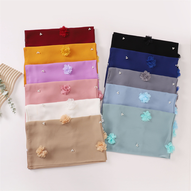 Point uni Rose bulle florale en mousseline de soie Hijab Ramadan perles foulards châles femmes crème solaire foulard extérieur coupe-vent tête enveloppement