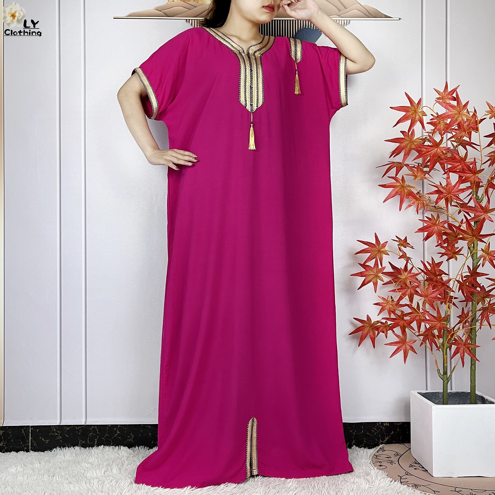 Nouveau Abayas musulman d'été à manches courtes africain Dashiki glands coton Caftan ample dame Maxi Islam robes décontractées avec foulard