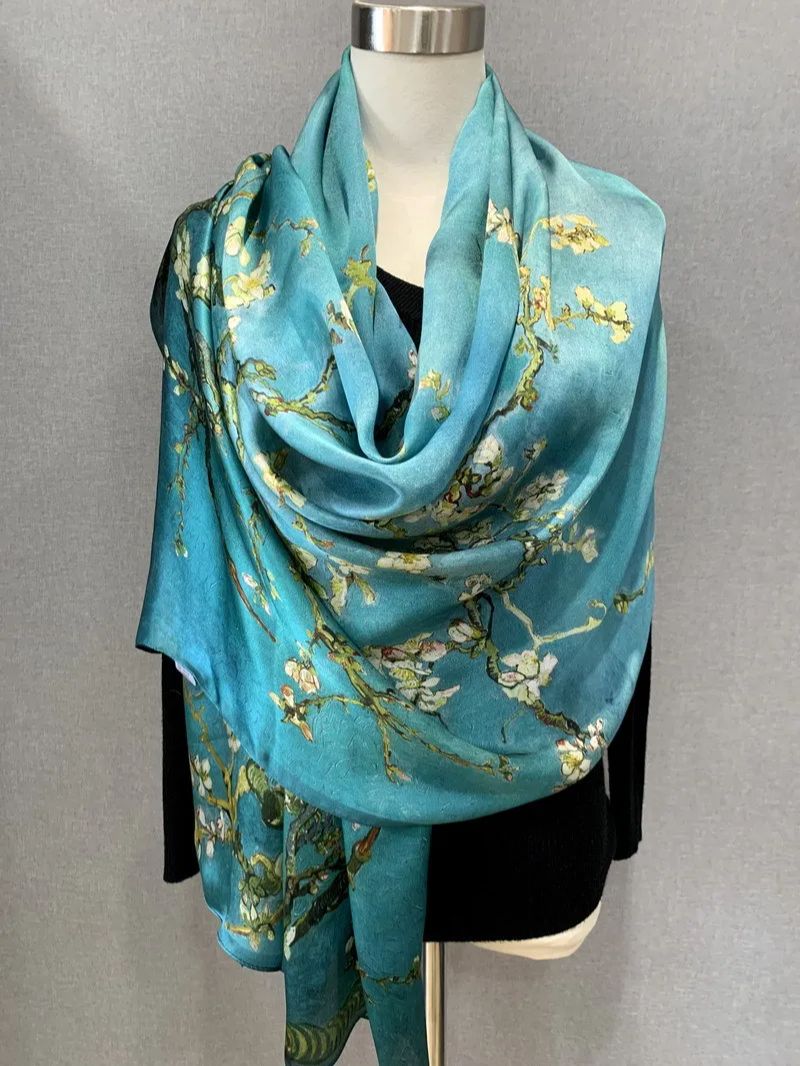 Foulard en soie naturelle 100% pour femmes, châle imprimé numérique, peinture à l'huile Van Gogh, Bandana, arbre abricot, printemps