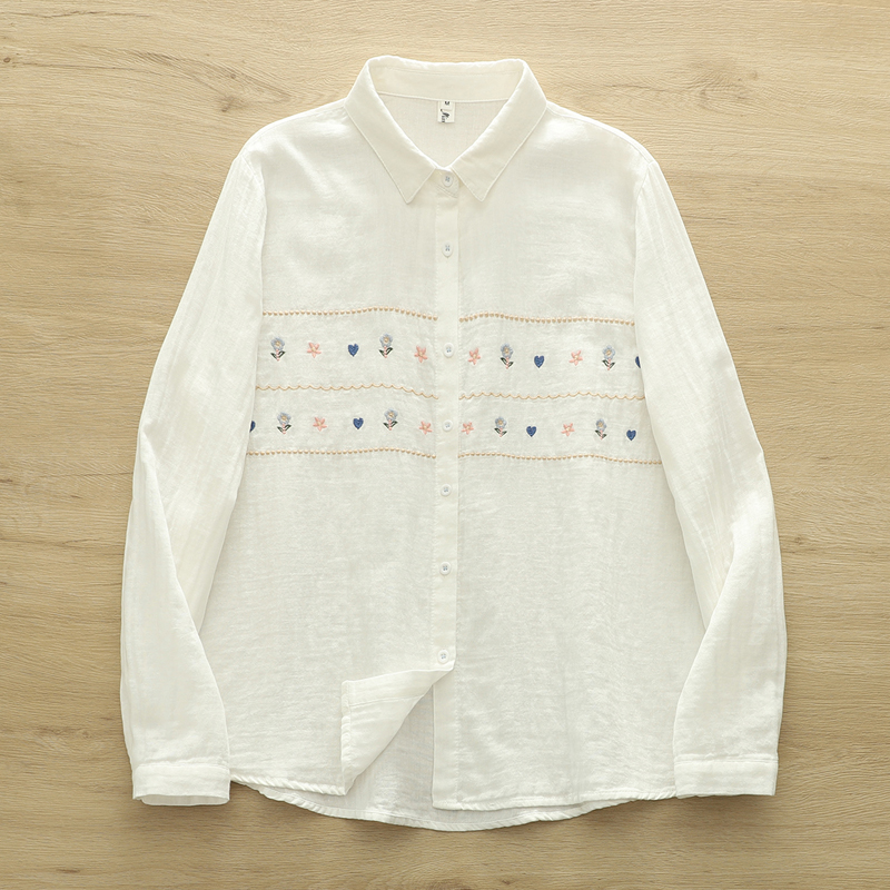 2025 vêtements pour femmes coréennes 100% fil de coton bleu blanc broderie chemises à manches longues chemisiers élégants pour dames de bonne qualité