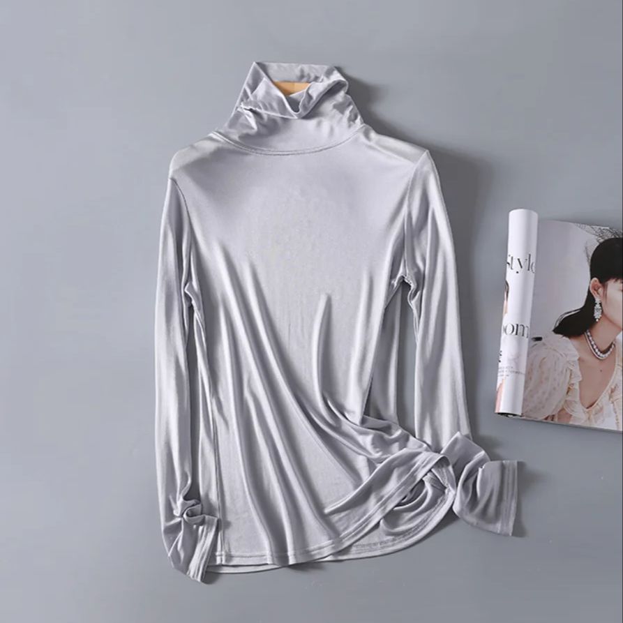 T-shirts basiques à col roulé en soie pour femmes, chemise en soie élastique TB1158