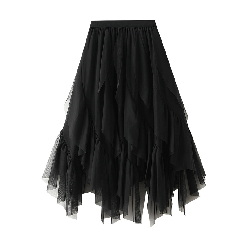 Jupe mi-longue décontractée en maille à volants pour femmes, nouvelle collection d'été, slim, élastique, taille haute, doublure en maille unie, vêtements pour femmes