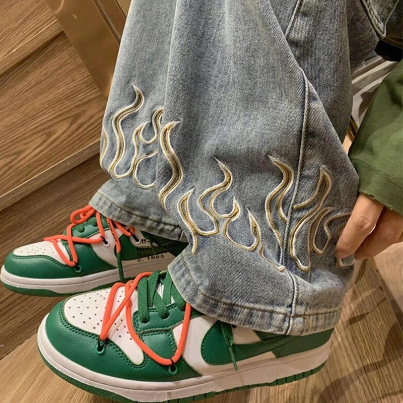 Jean à Jambes Larges pour Homme, Vêtement en Denim, avec Broderie de Flamme, Style Baggy Hip Hop, Décontracté, à la Mode, 2023