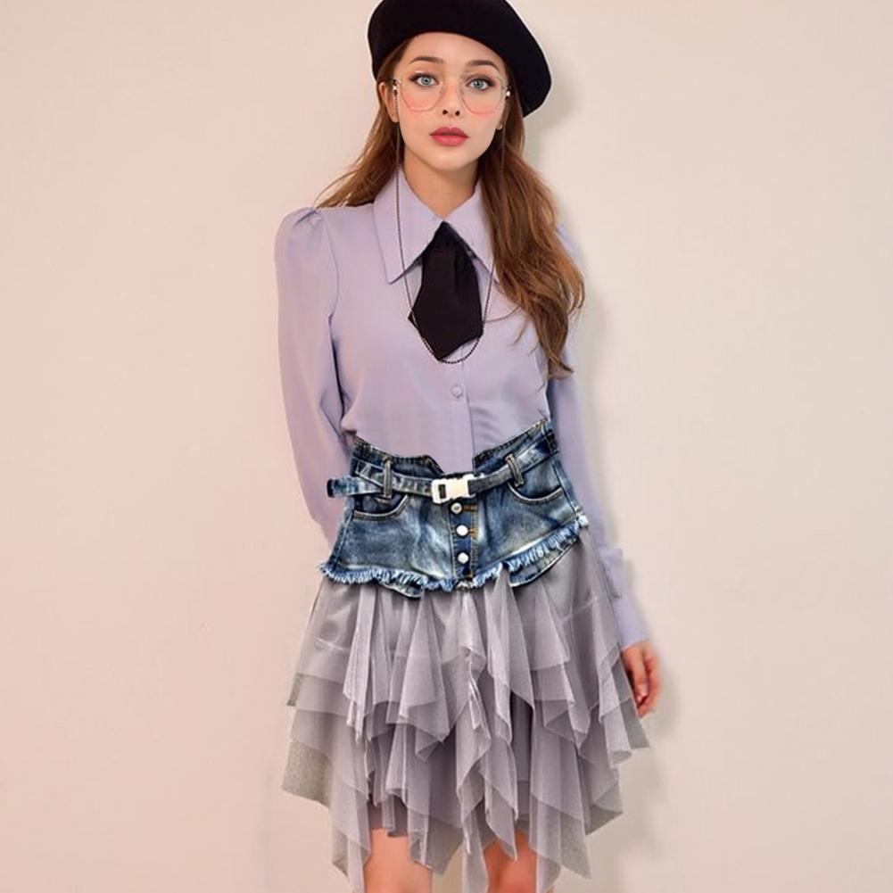 Jupe en jean taille haute pour femme, élégante, avec empiècements en maille, coupe trapèze, ourlet asymétrique, polyvalente pour le travail