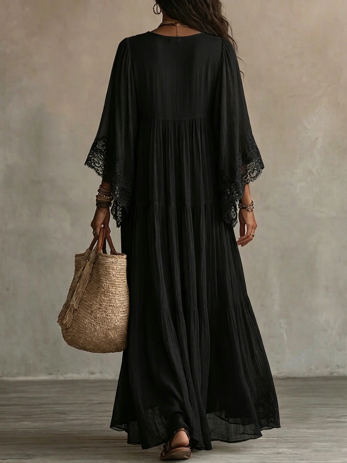 Robe longue décontractée ample pour un confort quotidien, style plage et villégiature, couleur unie, élégante et simple, col en V, manches chauve-souris, printemps-automne