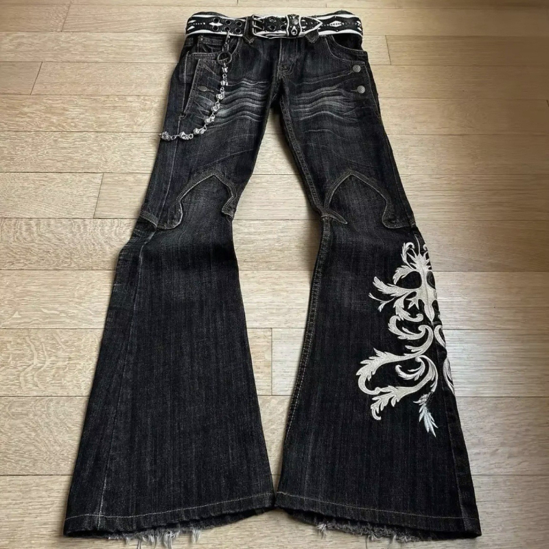 Jeans pour hommes Harajuku Vintage Streetwear, denim délavé et déchiré, pantalon à double taille, micro-évasé, coupe ample, long, décontracté, neuf