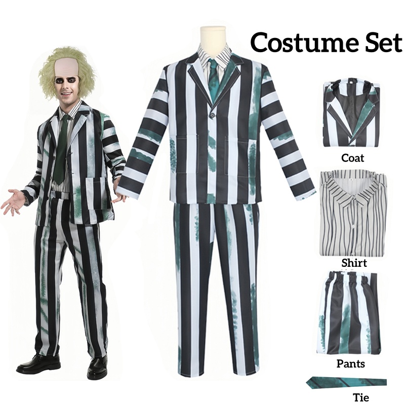Costume à rayures noires et blanches pour hommes adultes, imbibé de perruque, Halloween Cosplay, tenue de fête, film d'horreur Rick