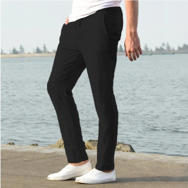 Pantalon de plage en coton et lin pour hommes, respirant, couleur unie, pour vacances, Fitness, Streetwear, printemps, été, automne