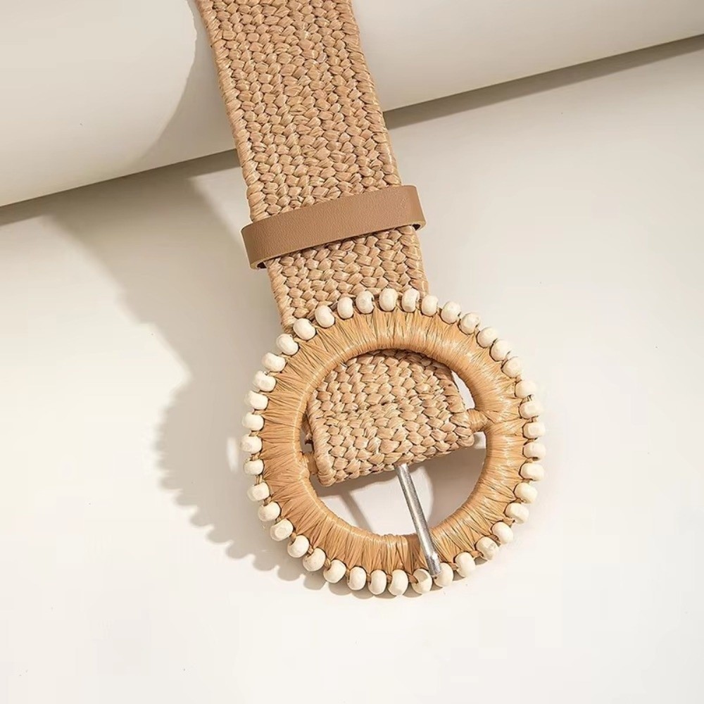 Ceinture de taille tendance à boucle ronde, ceinture en paille bohème, ceinture tissée bohème avec boucle elliptique et perles décoratives pour femme, idéale pour la plage et les vacances