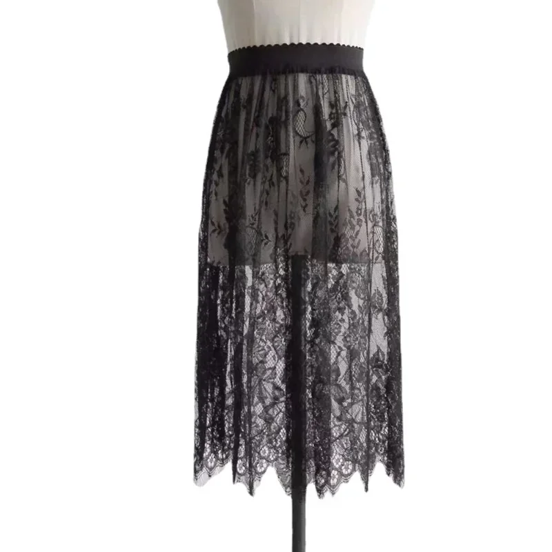 Femmes Sexy maille dentelle Transparent longue Tulle jupe mode coréenne été dames élastique taille haute noir blanc plage jupe Midi