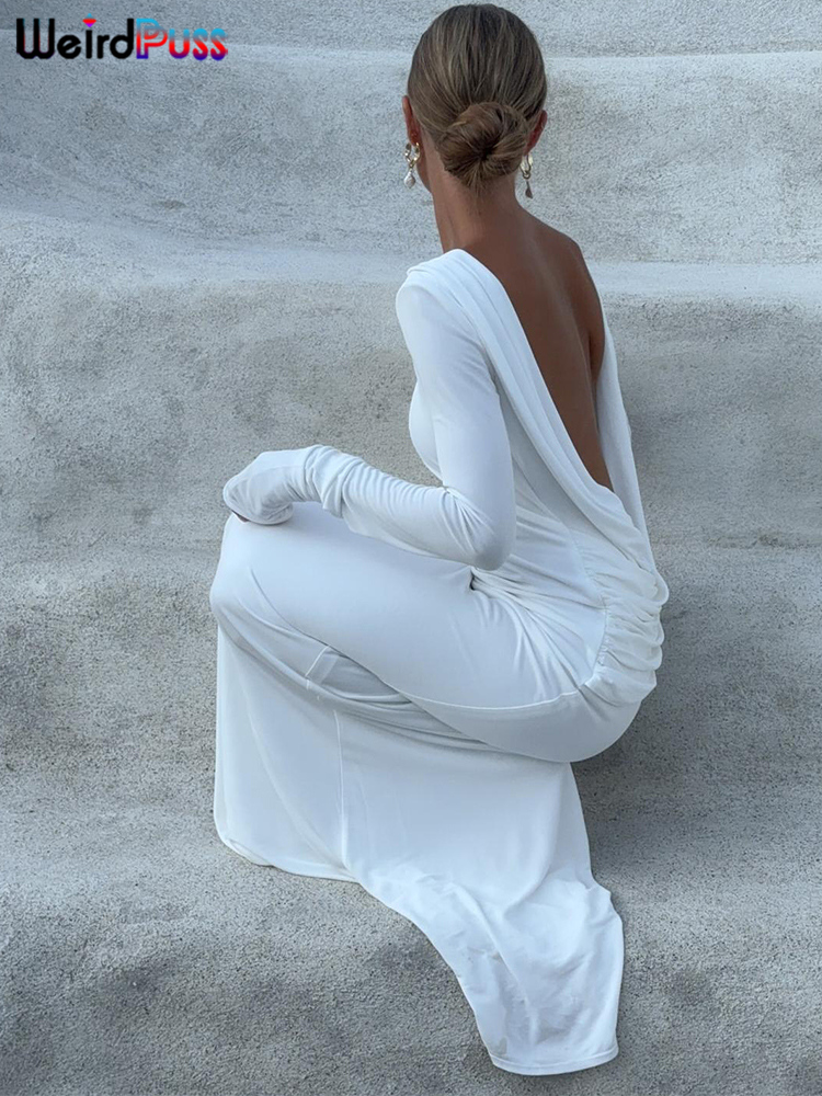 Whatiwear Robe Femmes Dos Nu Printemps Sexy Simple Vacances Plis Élégant Plein Manches Stretch Prom Soirée Solide Maxi Moulante