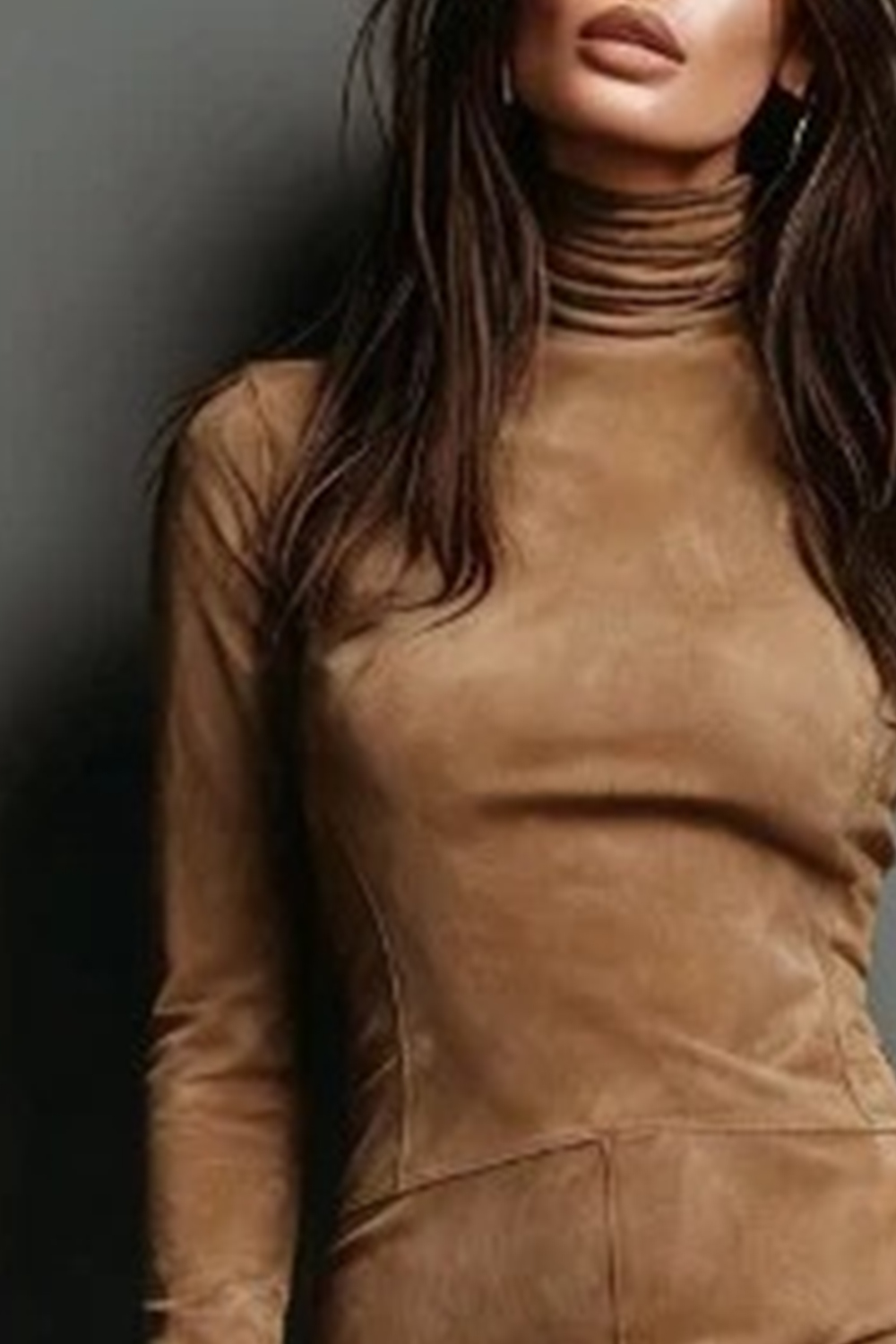 Robe pour femme élégante et ajustée, style rétro américain, manches longues, col roulé, en daim, vintage, unie, automne-printemps, longueur midi
