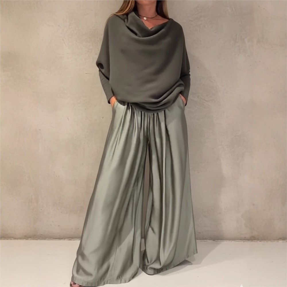 Mode Satin Sexy épaules dénudées femmes à manches longues T-shirt pantalon costume automne élégant femme ample jambe large pantalon 2 pièces ensemble