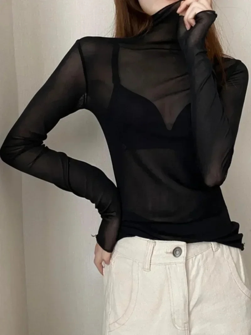 Femmes Sexy T-Shirt voir à travers des hauts en maille transparente à manches longues pure mince dames solide col roulé en soie T-Shirt dentelle haut court