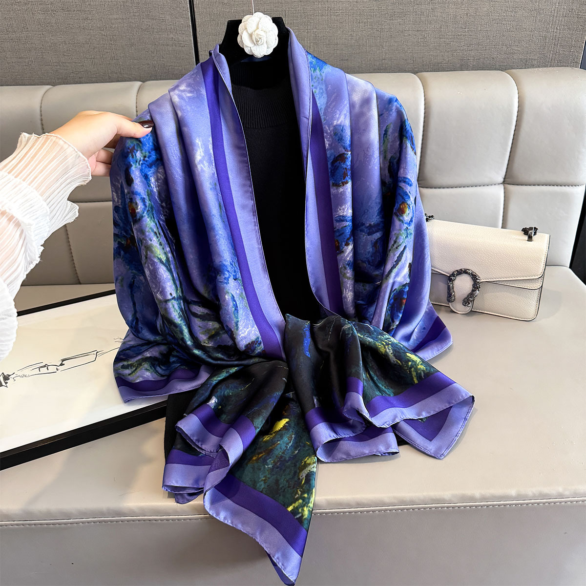 Longue écharpe de luxe pour femmes rétro châle chaînes dames Hijab élégant foulard doux tache fausse soie écharpe pour voyage à la plage