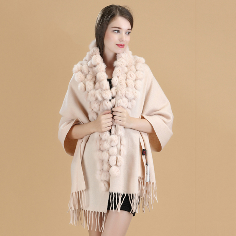 Marque de luxe cachemire Pashmina femmes hiver épais chaud réel fourrure de lapin pompon boule châles et enveloppes femmes 100% laine écharpe