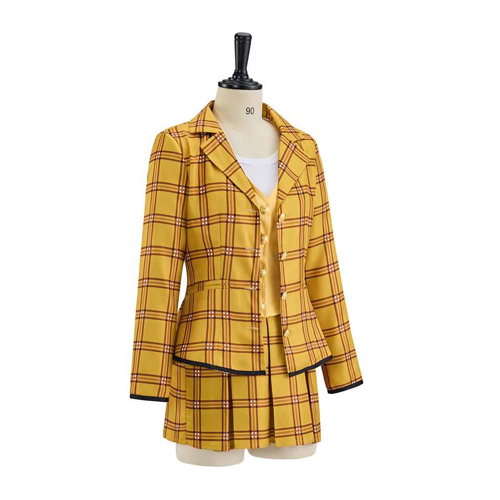 Film Clueless Cher Horowitz Cosplay uniforme à carreaux jaunes veste gilet jupes ensemble Halloween noël carnaval tenues de fête