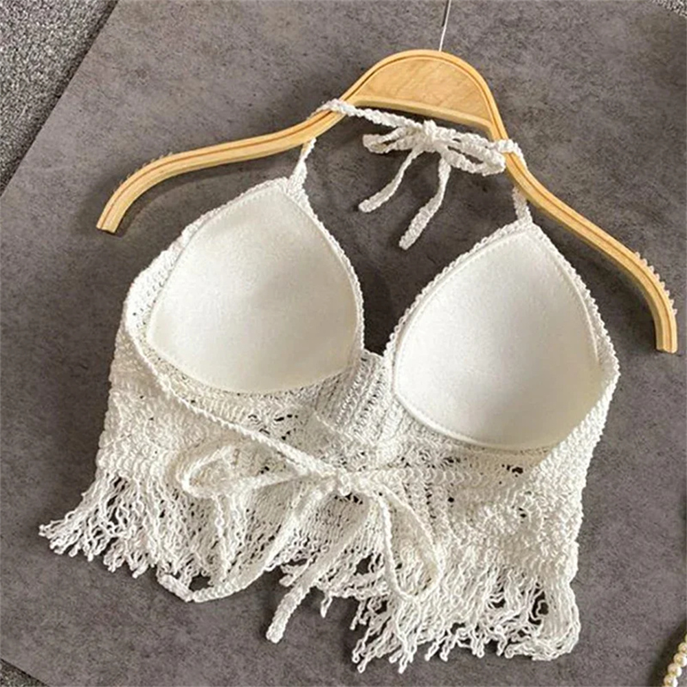 Haut court court en tricot pour femmes, dos nu, Sexy, style Boho, plage, ajouré, glands au Crochet, ourlet licou, Bustier avec coussinets de poitrine, débardeur