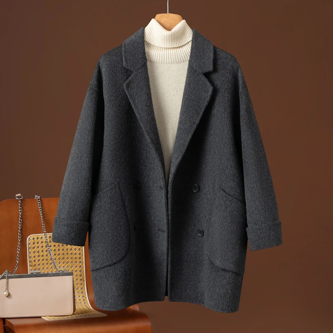 Manteau en cachemire double face pour femme, style britannique, coupe ample, vêtement d'extérieur en laine, style coréen, veste pour femme, automne-hiver