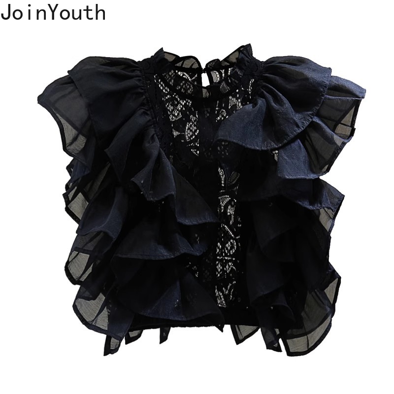 2025 Blusas Mujer De Moda été Blouse femmes col montant manches volantes dentelle chemises haut court évider volants Blouses Sexy