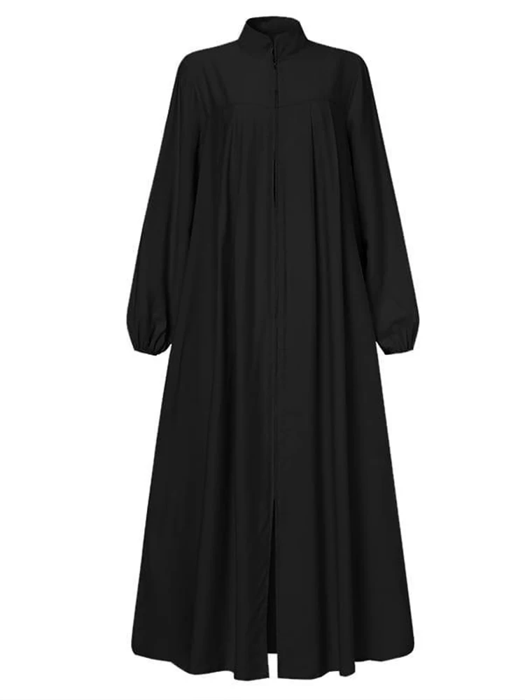 Robe noire musulmane avec petit col montant et poches zippées, élégante, ample et décontractée, à manches longues