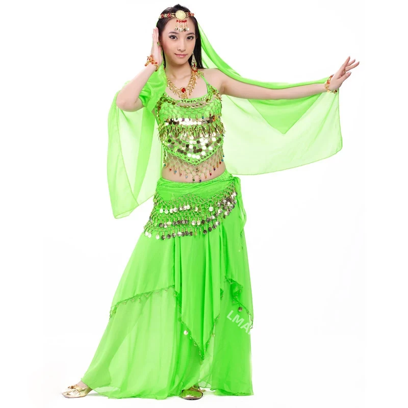 Ensemble de costumes indiens 4 pièces voile de danse du ventre pièces supérieures écharpe de hanche jupe Costume de danse du ventre femmes