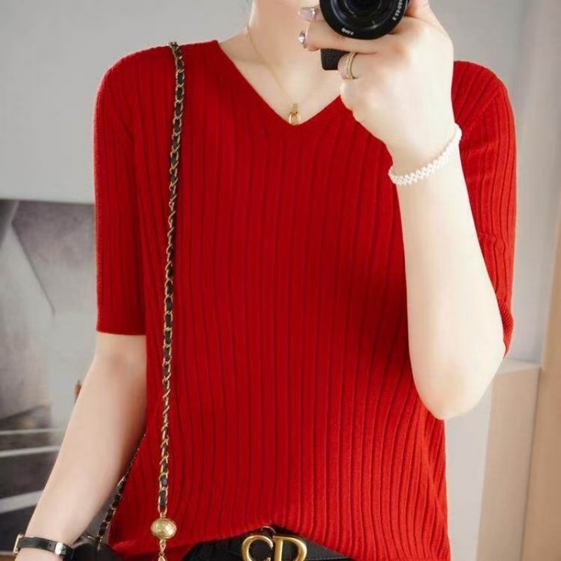 Pull tricoté décontracté pour femme, col en V, manches courtes, style coréen, à rayures, coupe ajustée, collection Printemps-Été