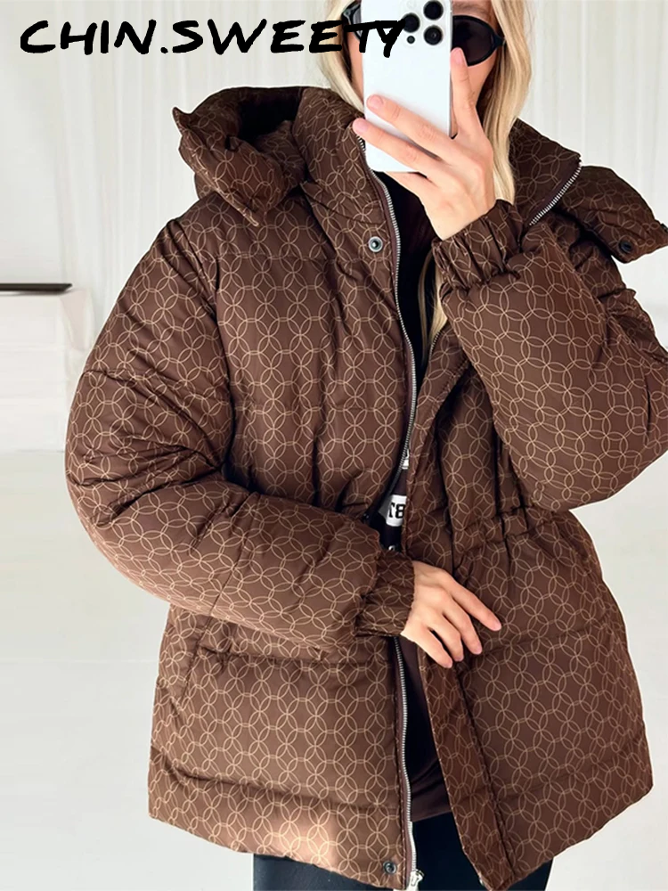 Manteau en coton épais imprimé pour femme, décontracté, fermeture éclair à capuche, fermeture à la taille, vestes chaudes, Chic, Streetwear, hiver 2025