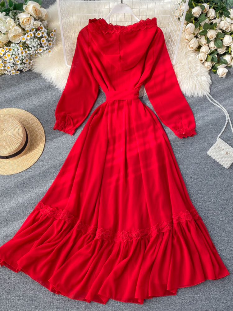 Robe longue rouge à capuche en mousseline de soie pour femmes, robes de plage élégantes à volants, robe trapèze mince, robe longue monochrome, robe éducative, printemps, automne