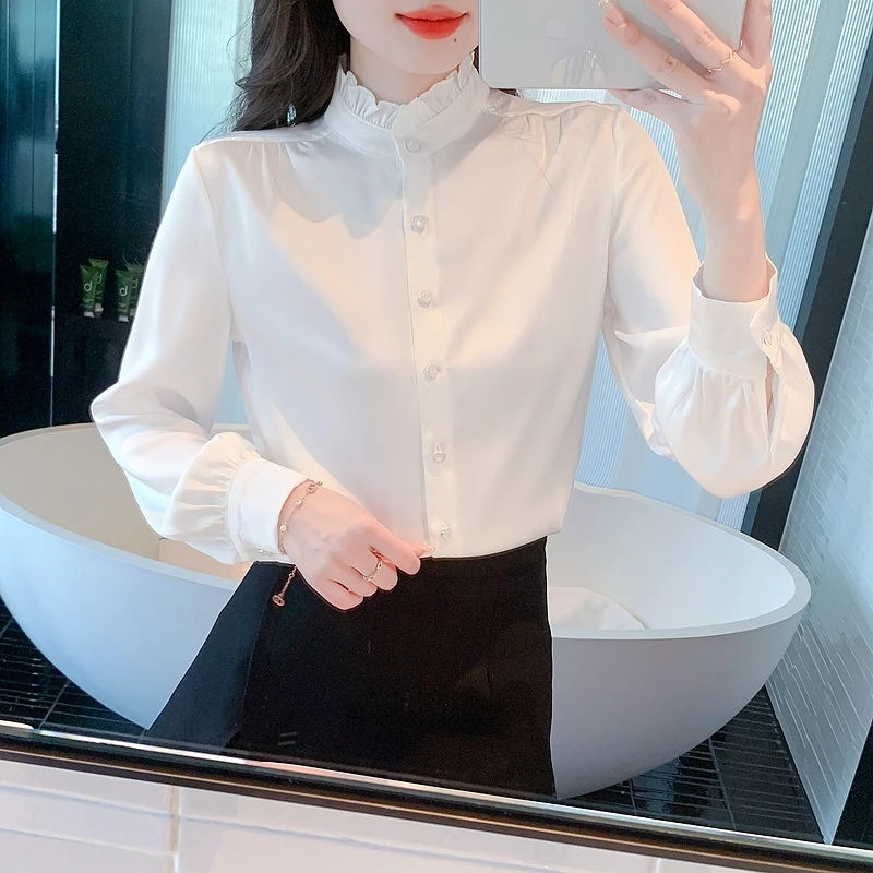 Chemisier en mousseline de soie à manches longues pour femmes, chemise à la mode, col montant, chemisier blanc, H540, 2024