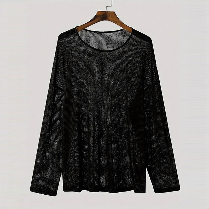 Nouvelle mode américaine hommes T-shirt Sexy transparent col rond à manches longues hauts loisirs KH évider couleur unie pulls S-2XL