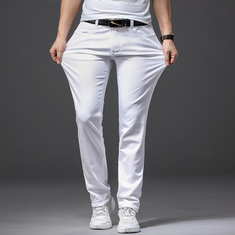 Jean blanc élastique pour hommes, coupe droite, Slim, décontracté, doux, Business, marque classique, pantalon en Denim extensible avancé à la mode