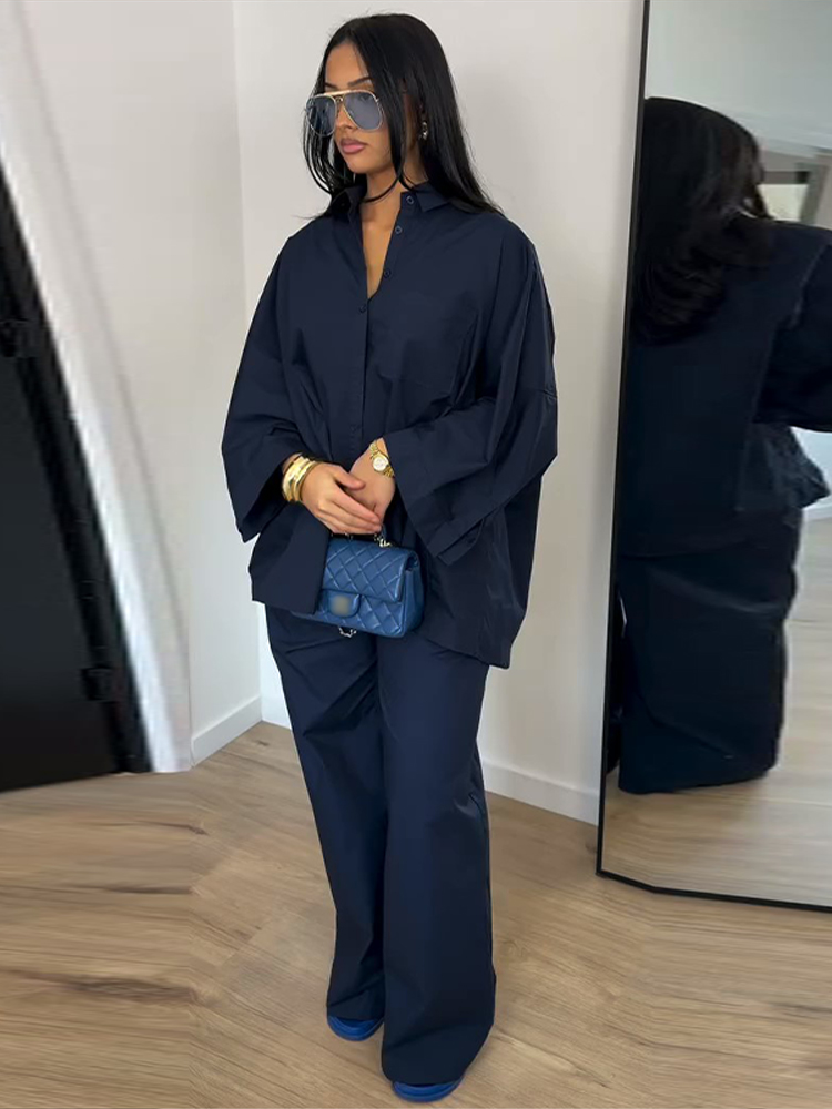 Ensemble chemise à revers à manches courtes et pantalon uni à coupe droite ample avec poches, tenue décontractée quotidienne pour femme, collection Printemps 2026