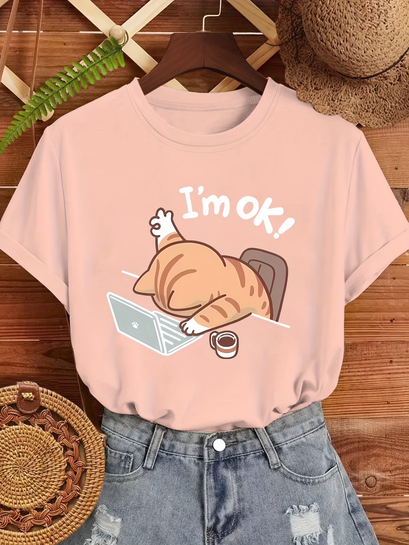 T-shirt à manches courtes et col rond pour femmes, avec image de chat « I'm OK », décontracté, à la mode, Harajuku, Kawaii, vêtements Y2K
