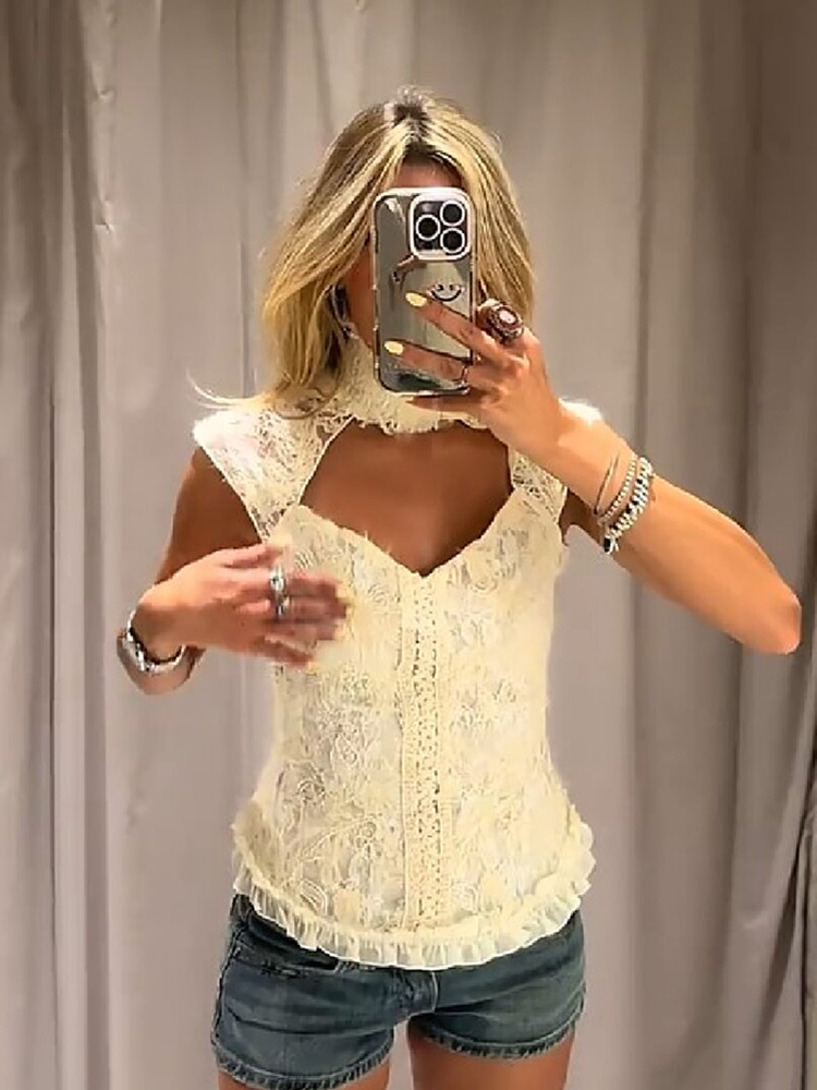 Chemisier Femme Chic Vintage à Col Montant, Sans Manches, en Dentelle, avec Découpes au Dos et Ourlet à Volants, Coupe Ajustée, Idéal pour Soirées et Vacances